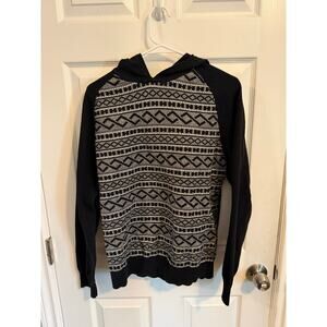 21 Men Aztec Knit Black Gray Pullover Hoodie Size L
